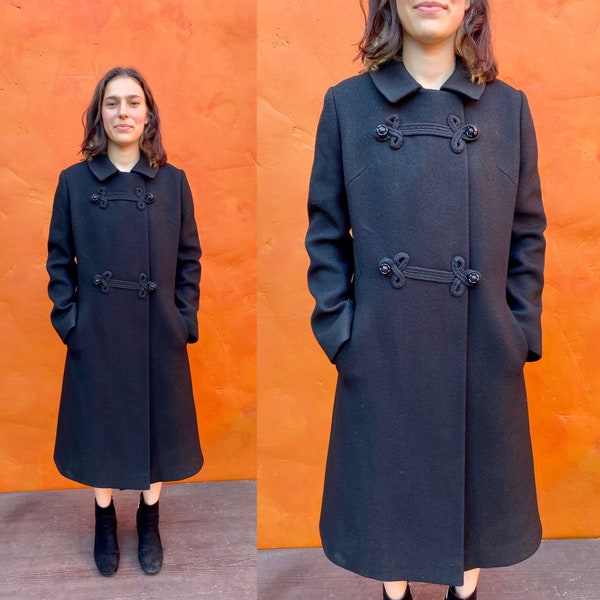 XS 1960s Mod Winter Coat Black Wool with Frog Closures and Faux Fur Trim