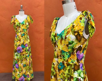 Vintage 1960s 1970s Hawaiian Floral Maxi Dress. Hostess Dress Luau Cruise Summer Beach Party. Small Medium Size 6 8