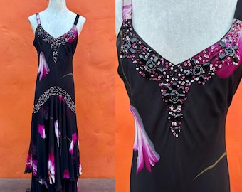 Vintage Black cocktail party flapper 1920s style silk beaded dress. Bias cut dress Deco cocktail dress party dress Medium Size 8 10