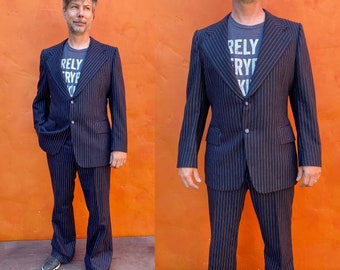 Vintage 1970s does 1930s 1940s Men's Wool Pinstripe Suit. Blazer Sportcoat + Trousers Gangster 42R