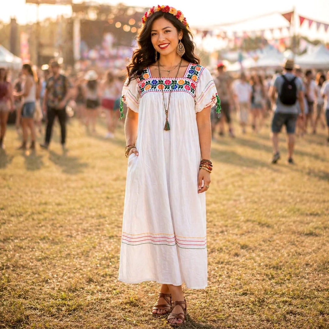 vintage hippie boho dress Colorful Embroidered White Cotton Mexican Maxi Tunic Dress. Festival Bohemian Boho. Small Medium Size 6 8 10 Royal Blue Beaded High 6.19 oz/yd2 (210 g/m2) Color:Epiphany Purple transferLLNM