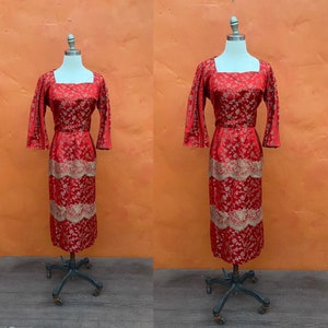 Vintage 50er Jahre Seidenkleid mit Blumenmuster. Midi Kleid Brauner Spitze. Pinup Kleid Pencil Dress Party Cocktail Medium Size 8 10