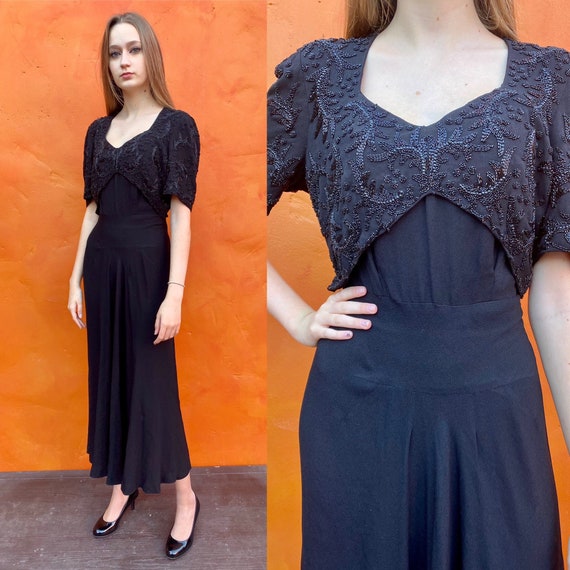 1930s Black Rayon Crepe Rhinestone Gown | L/XL