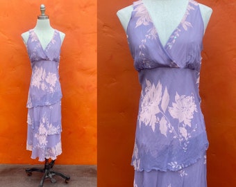 Vintage 1990s does 1930s Lavender Floral Bias Cut Silk Dress. 1920s bias cut dress party dress cocktail evening dress Med Large Size 10 12