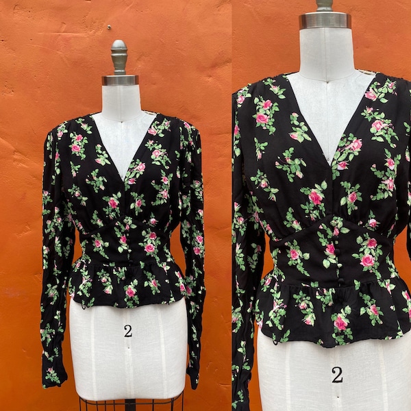 Vintage 1940s Style Black Floral Peplum Blouse Top Shirt.  Small Medium Size 4 6 8