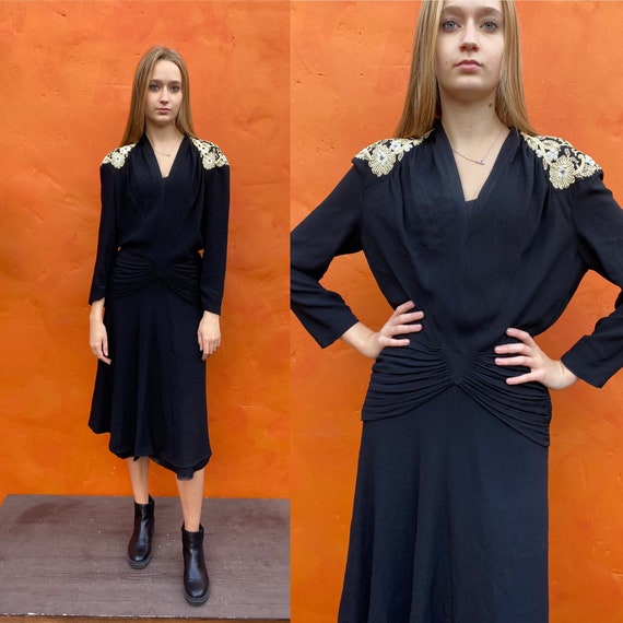 Stunning vintage 1940s Black Rayon midi dress. Be… - image 1