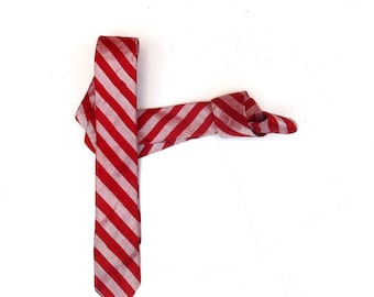 Vintage 1950s 1960s Mod Skinny Neck Tie -  Red Silvery light red stripes Striped. Silk. holiday party cocktail christmas xmas