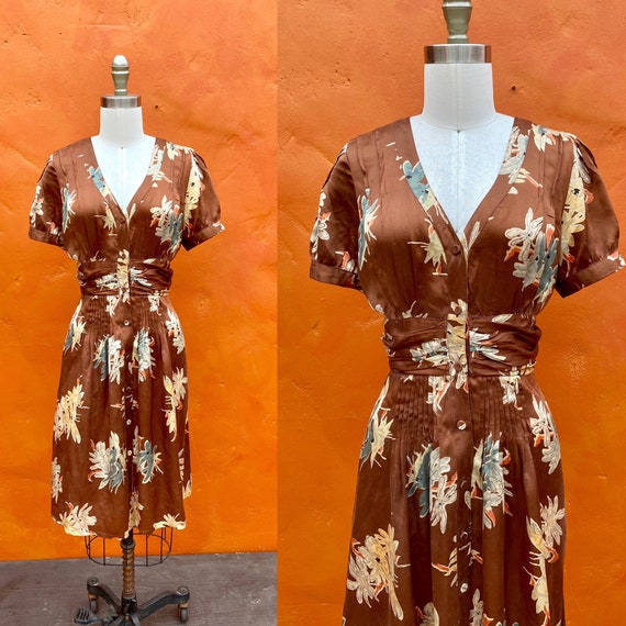 Vintage 1990s does 1940s Brown Silk Floral Dress.