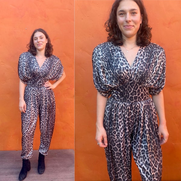 Vintage 1980s Leopard Print Jumpsuit. Glam Rock Cocktail Party Evening Night club Disco Medium Size 8 10