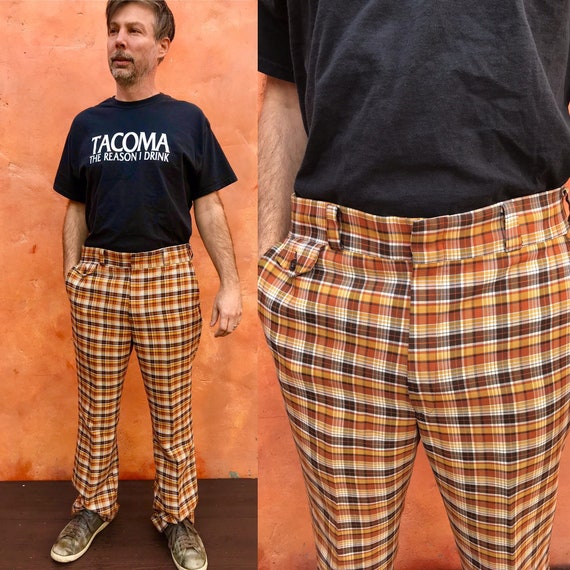 Vintage 1960s 1970s Men's Brown Tan Plaid Pants. 7