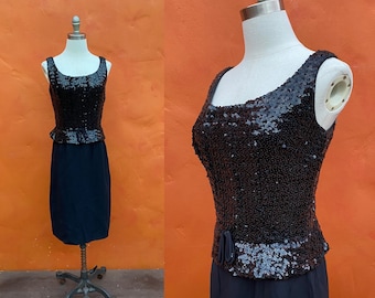 Vintage 1950s Black Sequined Wiggle Dress. Party dress cocktail dress peplum dress. Pinup Dress Size Small 4 6