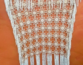 Gorgeous Vintage Tatted Crocheted Chenille Trim Piano Shawl. Cream Fringe Shawl Boho Victorian Flapper Bohemian Wrap duster OS