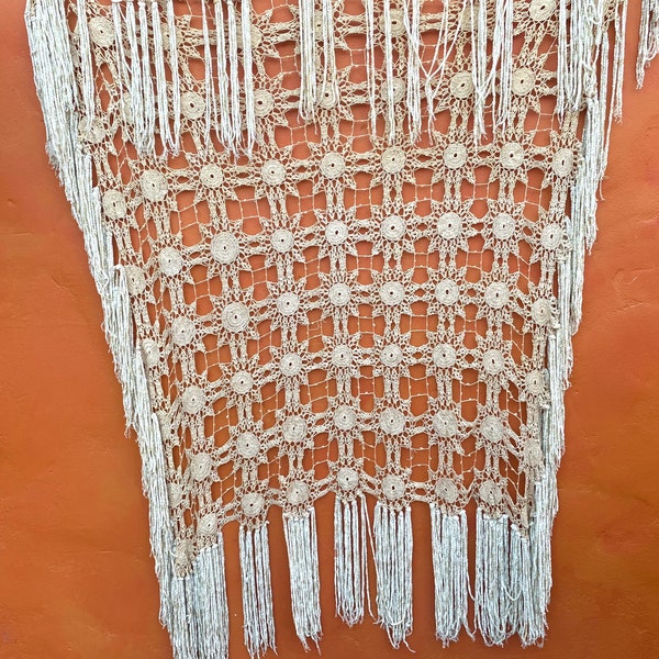 Gorgeous Vintage Tatted Crocheted Chenille Trim Piano Shawl. Cream Fringe Shawl Boho Victorian Flapper Bohemian Wrap duster OS