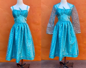 Vintage 1950s style Elsa Frozen Swing Dress + jacket. 1950s Swing dress. Fit Flare Dress. Shelf Bust. Princess Cosplay Small Medium Size 6 8