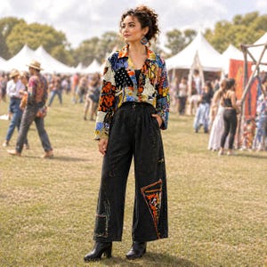 May include: A woman wearing a colorful patchwork button-down shirt and black wide-leg pants with decorative patches. She is wearing black boots and earrings. The background shows a crowd of people and white tents, suggesting an outdoor event or festival.