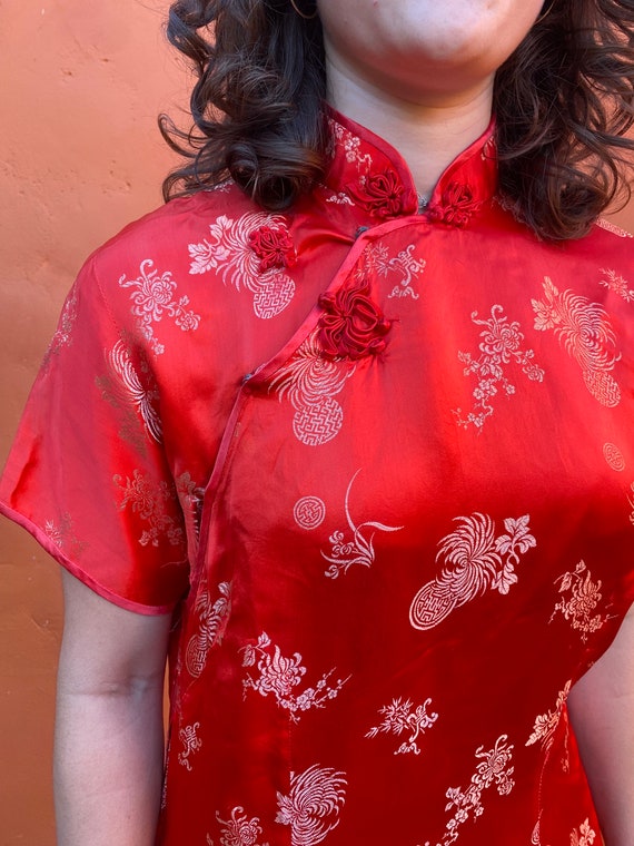 Vintage 1960s Red Asian Cheongsam wiggle Maxi Dre… - image 5