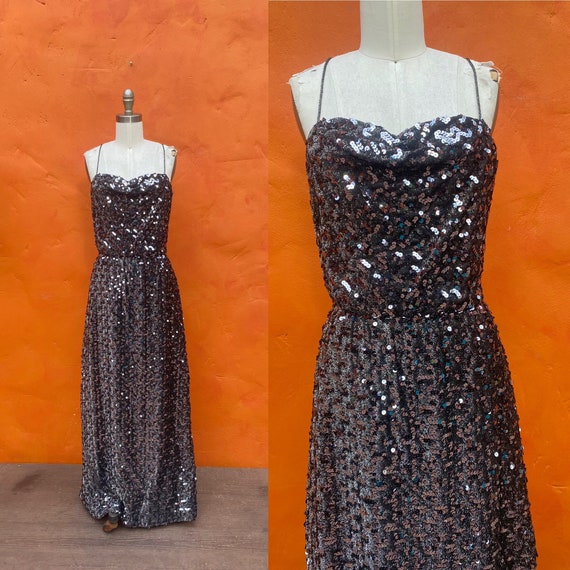Unique Vintage Black & Silver Geometric Sequin Fringe Flapper Dress | Size Medium/6-8