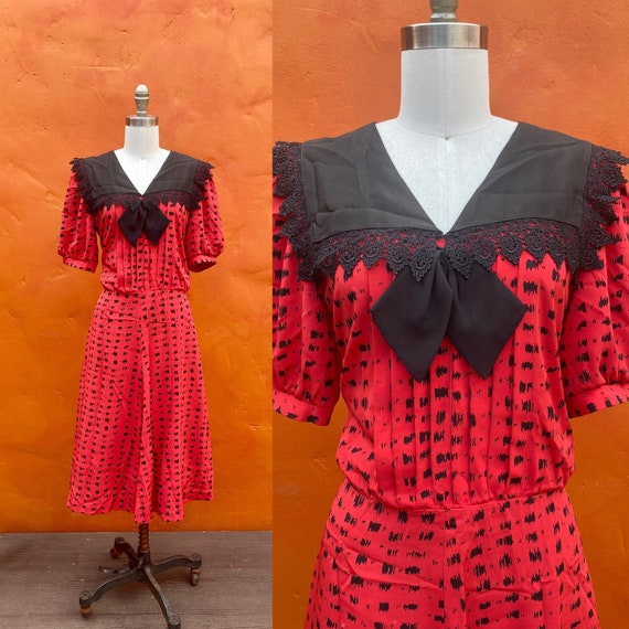Vintage 1980s pussy bow midi dress. Secretary cas… - image 1