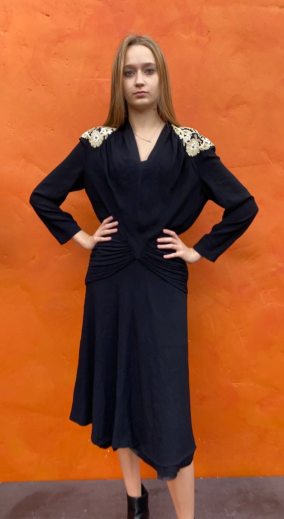 Stunning vintage 1940s Black Rayon midi dress. Be… - image 2