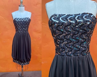 Vintage 1970s 1980s Strapless Black Silver Sequined Dress. Disco Saturday Night Fever Club Party Dress Cocktail Dress. 70s Dress xs 0 2