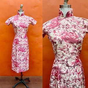 Vintage 1950s Silk Cheongsam Dress Pink Floral Metal Zipper Pinup xs Size 0 2