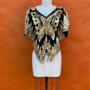 Vintage 1970s 1980s Silk Beaded Party Cocktail Top Blouse. Sequined Butterfly top. Evening Sequins Statement Disco Club small medium image 2