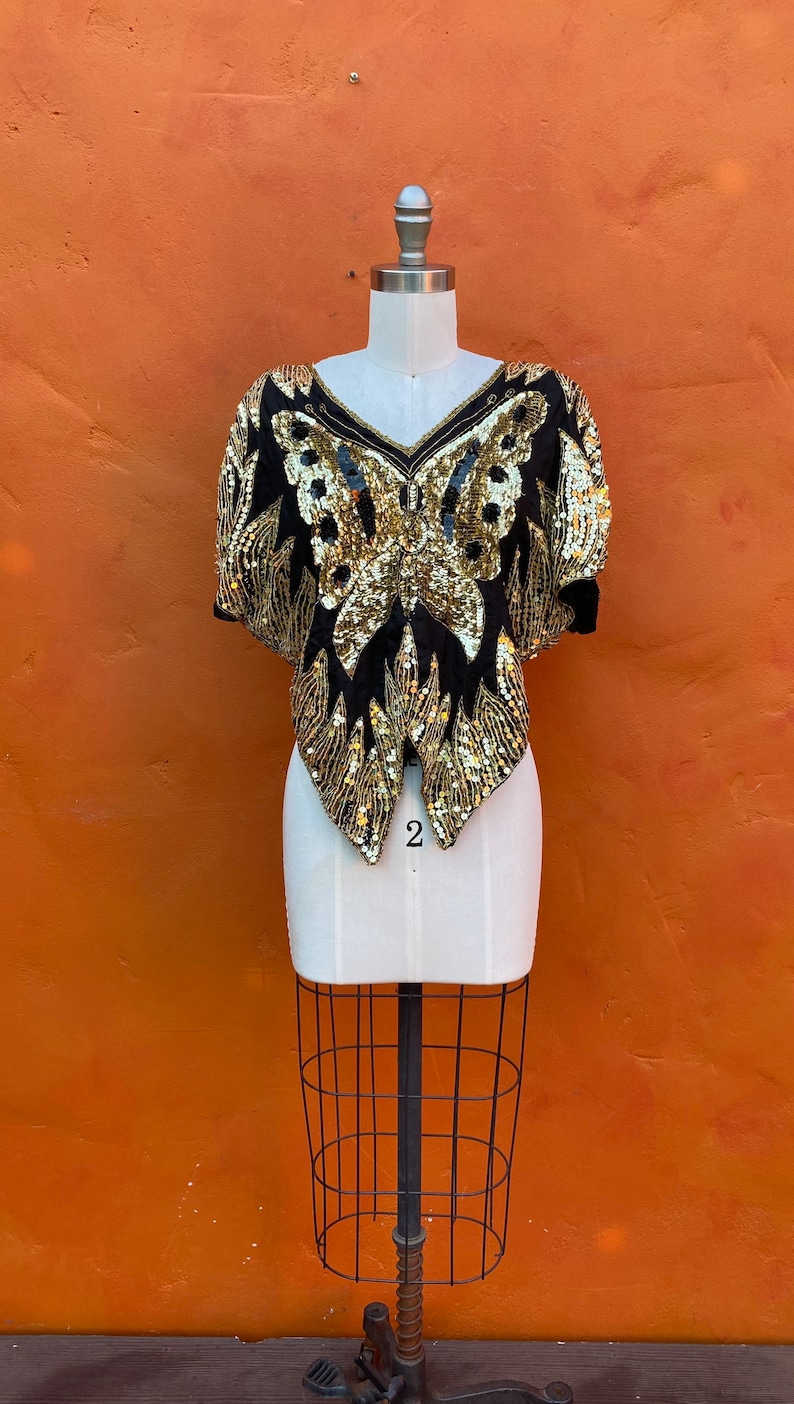 Vintage 1970s 1980s Silk Beaded Party Cocktail Top Blouse. Sequined Butterfly top. Evening Sequins Statement Disco Club small medium image 2