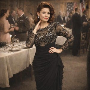 May include: A woman in a black evening gown with a sheer, embellished bodice and long sleeves. The dress has a draped skirt. The woman has red hair and is wearing earrings. The background shows a formal event with people and tables.
