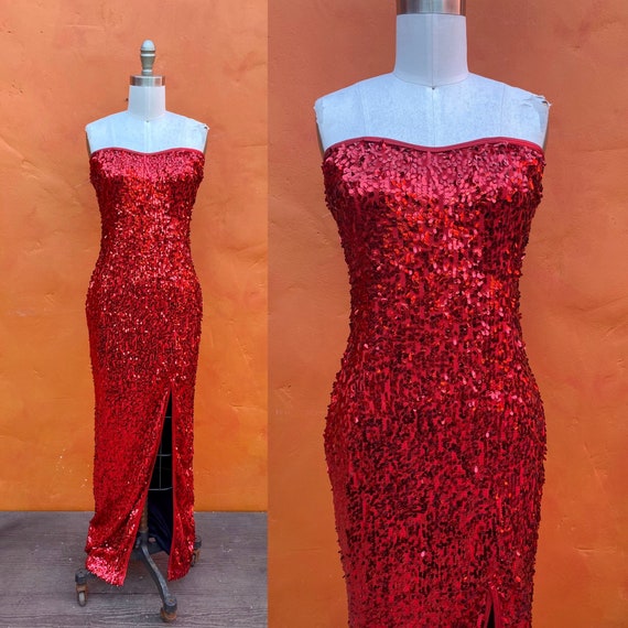 Sexy Vintage 1970s 1980s Strapless Red Sequined M… - image 1