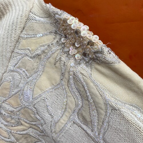 Shops Vintage 1980s Bonnie Boerer Beaded Batwing STATEMENT sweater. Vintage Designer Pearls, Jewels, Metal trim xs small medium