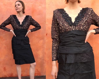 Vintage Couture Designer Lillie Rubin Black Hourglass Wiggle Dress. Cocktail Dress Party Dress Pinup Pin Up Evening beaded lace