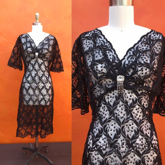Vintage 1930s 1940s style Black Lace Dress 1930s 1