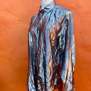 Vintage 1980s Metallic Silver Lame Blouse Top Shirt. Oversized Punk Glam Rock Maximalist New Wave One Size Small Medium Large