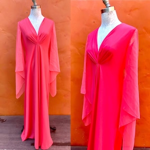 Vintage 1970s Coral Maxi Dress. 70s boho hippie Hostess Dress party cocktail Boho. Angel Wing Sheer Sleeves Medium LArge Size 10- 12