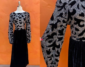 Vintage 1980s Beaded Black Velvet Maxi Gown. STATEMENT Prom dress Evening Party Dress Cocktail Dress Designer Ricki Lang Nuit xs size 0 2