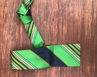 Vintage 1960s Mod Designer Alexander Shields SQUARE END blue green Stripes. 100% Silk Necktie. I MAGNIN Neck Tie