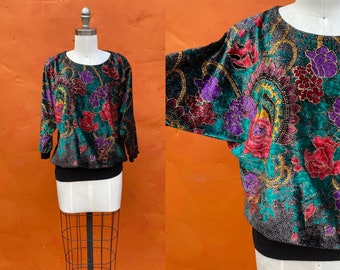 Vintage 1970s 1980s Batwing Colorful Velvet Floral Shirt Blouse Top.  Disco Club Party one size