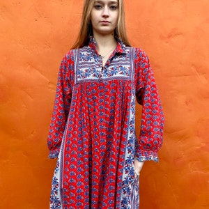 Vintage 1970s Ramona Rull Dress Cotton Hand Blocked Print Caftan Maxi Boho bohemian dress xs small Size 0 2 4 6 image 2