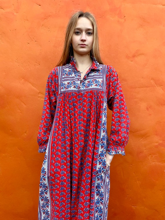 Vintage 1970s Ramona Rull Dress Cotton Hand Block… - image 2