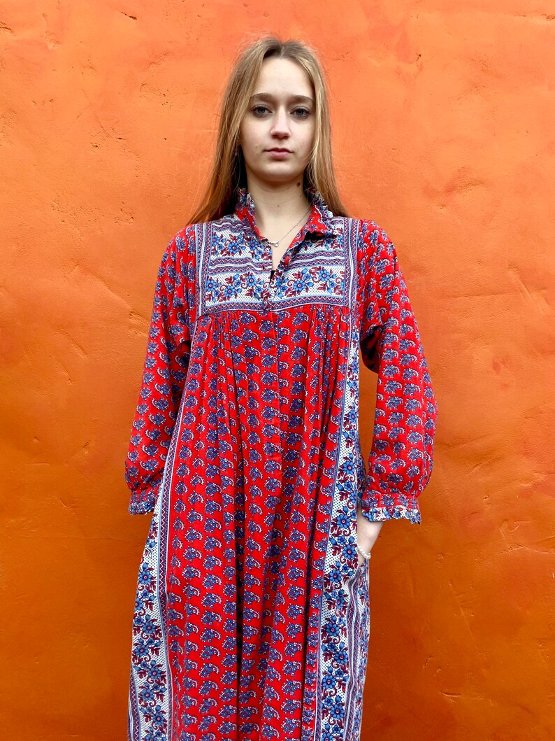 Vintage 1970s Ramona Rull Dress Cotton Hand Blocked Print Caftan Maxi Boho bohemian dress xs small Size 0 2 4 6 image 2