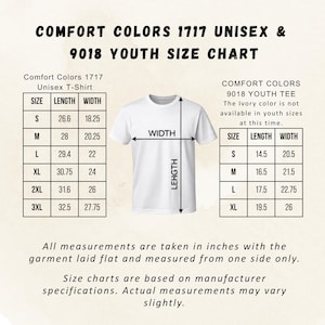 Puede incluir: Tabla de tallas para camisetas Comfort Colors 1717 Unisex y 9018 Youth. Las medidas est&aacute;n en pulgadas. La tabla incluye tallas S, M, L, XL, 2XL y 3XL para las camisas unisex, y S, M, L y XL para las camisetas juveniles.