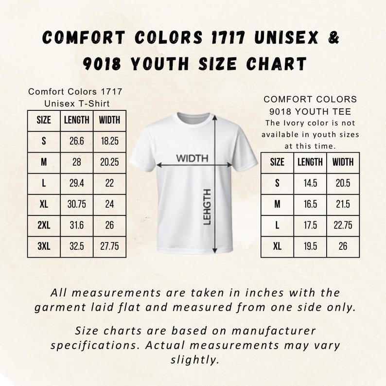 Puede incluir: Tabla de tallas para camisetas Comfort Colors 1717 Unisex y 9018 Youth. Las medidas est&aacute;n en pulgadas. La tabla incluye tallas S, M, L, XL, 2XL y 3XL para las camisas unisex, y S, M, L y XL para las camisetas juveniles.