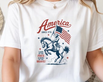 America Since 1776 T Shirt, Patriotic Cowboy USA Tee, Western American Flag Shirt, Land of the Free Graphic Tee
