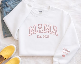 Personalized Mama Est Sweatshirt Embroidered Mama Crewneck With Kids Names Sleeve Mothers Day Gift