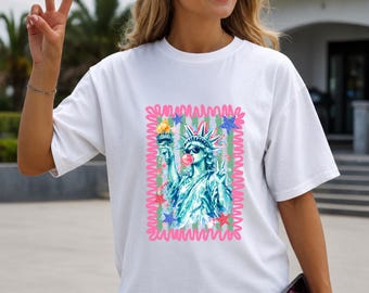 Preppy Statue of Liberty Shirt, Bubble Gum Patriotic Tee, Trendy 4th of July Shirt, Funny Lady Liberty Graphic Tee
