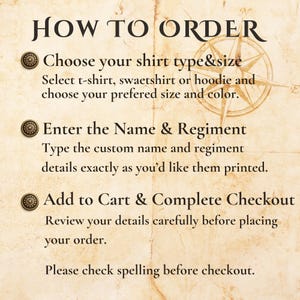 Puede incluir: Una gu&iacute;a de estilo vintage sobre un fondo de pergamino, titulada "HOW TO ORDER". Detalla los pasos: elige el tipo y la talla de la camisa, introduce el nombre y el regimiento y a&ntilde;ade al carrito. Un gr&aacute;fico de rosa de los vientos est&aacute; en el fondo.