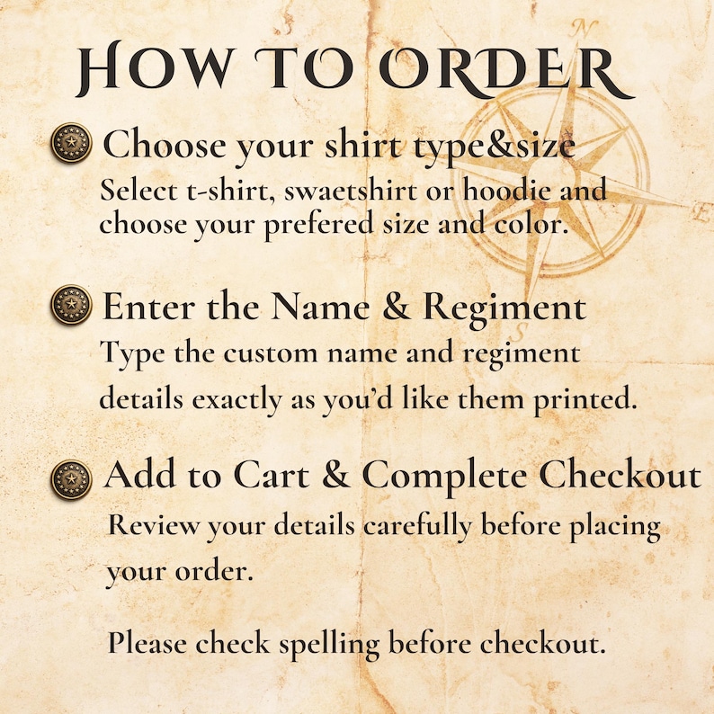 Puede incluir: Una gu&iacute;a de estilo vintage sobre un fondo de pergamino, titulada "HOW TO ORDER". Detalla los pasos: elige el tipo y la talla de la camisa, introduce el nombre y el regimiento y a&ntilde;ade al carrito. Un gr&aacute;fico de rosa de los vientos est&aacute; en el fondo.