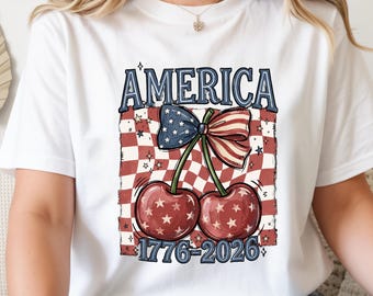 America 250 Shirt, Vintage Patriotic Cherry Tee, Retro USA Bow Graphic Shirt, 4th of July Comfort Colors Tee