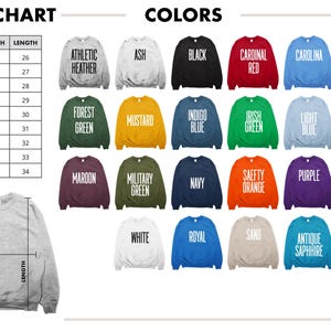 Puede incluir: Una imagen que muestra una tabla de tallas y una paleta de colores de sudaderas. La tabla de tallas muestra las medidas para las tallas XS a 5XL. Las sudaderas est&aacute;n disponibles en varios colores, incluyendo negro, rojo, azul y verde, con el nombre del color impreso.