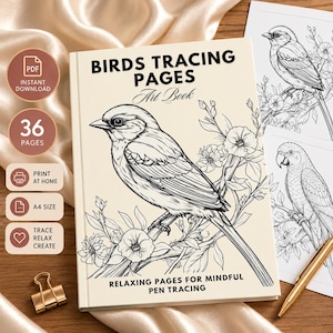 May include: A Birds Tracing Pages Art Book with 36 pages in A4 size. The cover features a black line drawing of a bird perched on a flowering branch. Text includes Birds Tracing Pages Art Book and Relaxing Pages for Mindful Pen Tracing.
